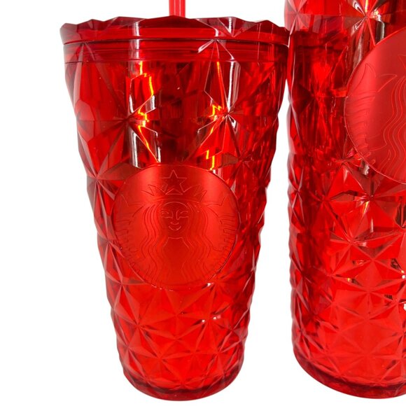 Starbucks Poinsettia Red Prism Tumbler Set With Lids Straws 16 Oz & 24 Oz - Picture 3 of 16